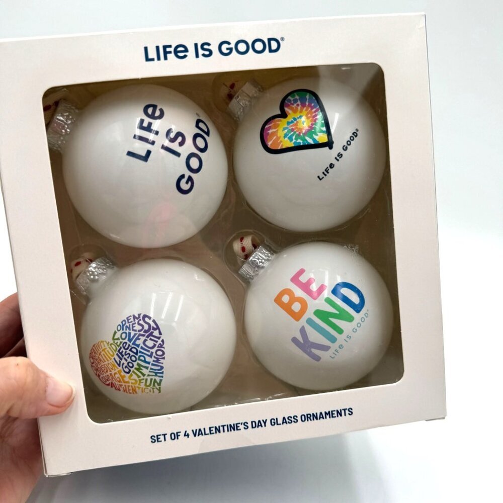 LIFE IS GOOD Set of 4 Decorative Glass  Christmas Tree Ornaments 4 pack large si